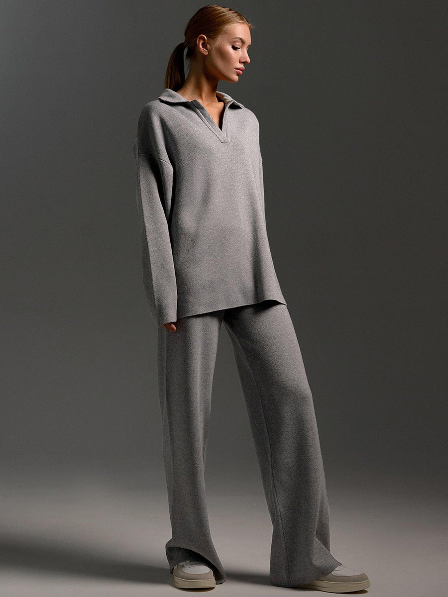 2PCS collared sweater, wide leg trouser