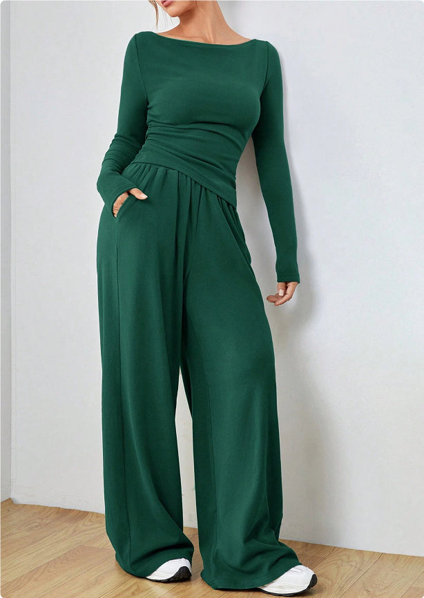 2pcs long sleeve top wide leg trouser loungewear