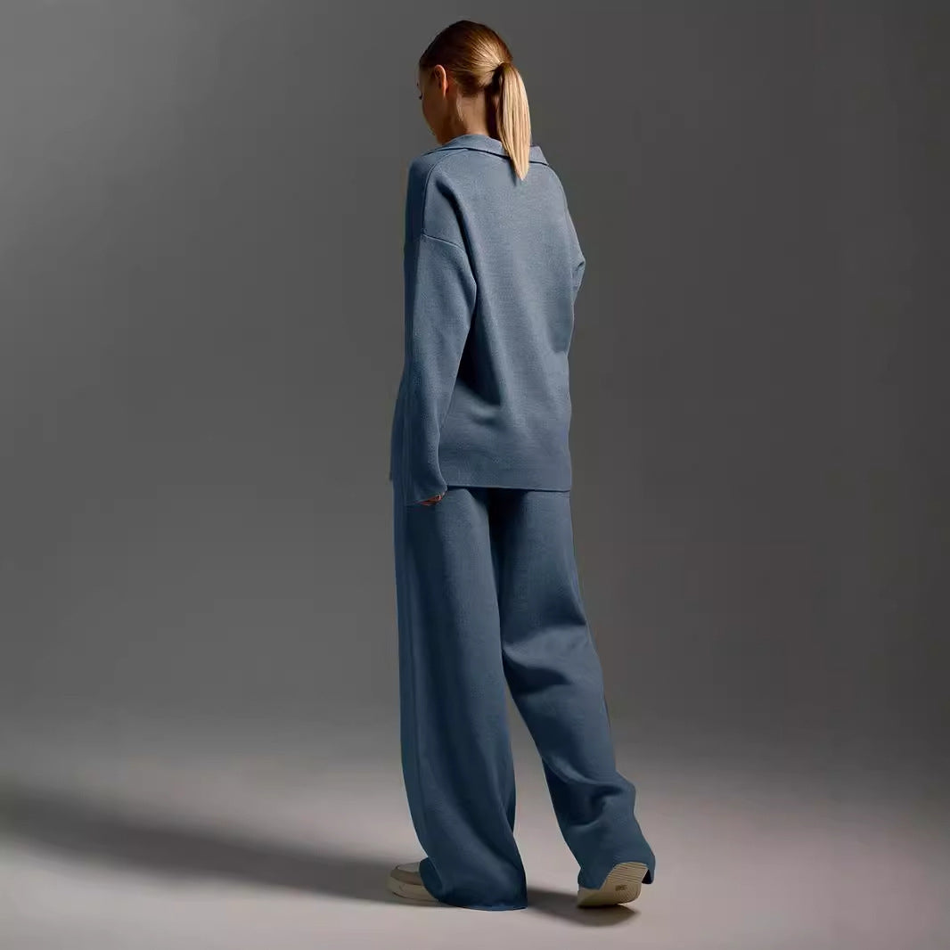 2PCS collared sweater, wide leg trouser