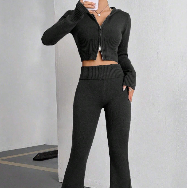 2PCS knitted hooded zip top and flare leg loungewear