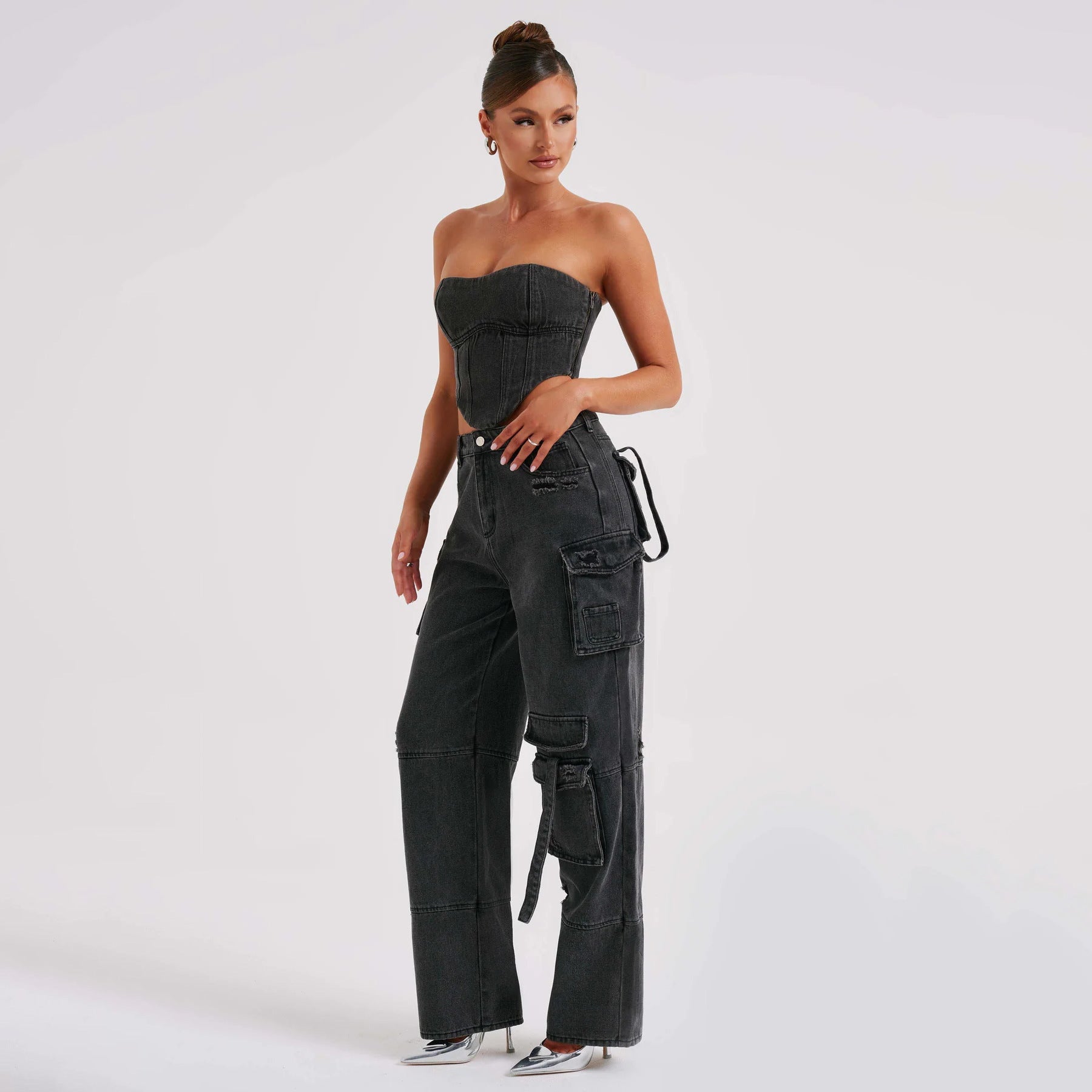 2pcs Jean Set, Strapless Top & Cargo Jean