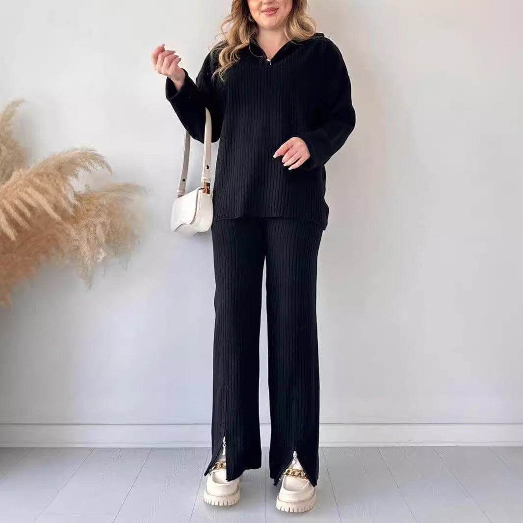 2PCS 1/4 Zip ribbed wide leg loungewear