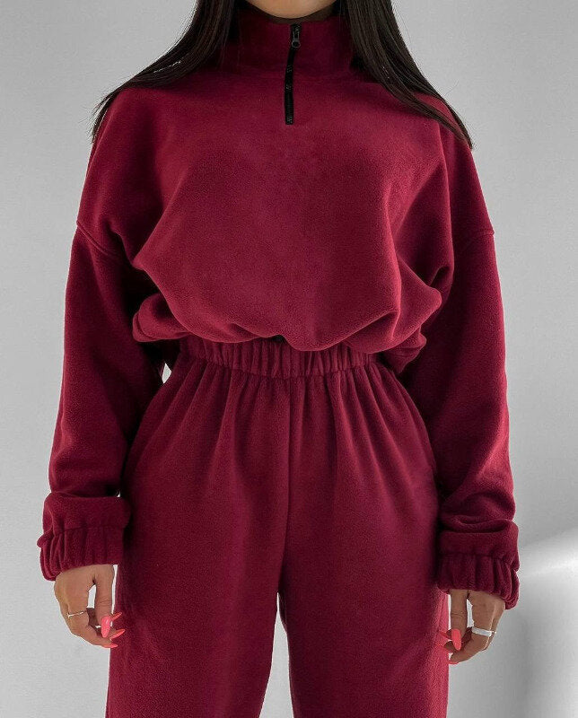 2pcs fleece fabric crop sweatshirt and cuff jogger