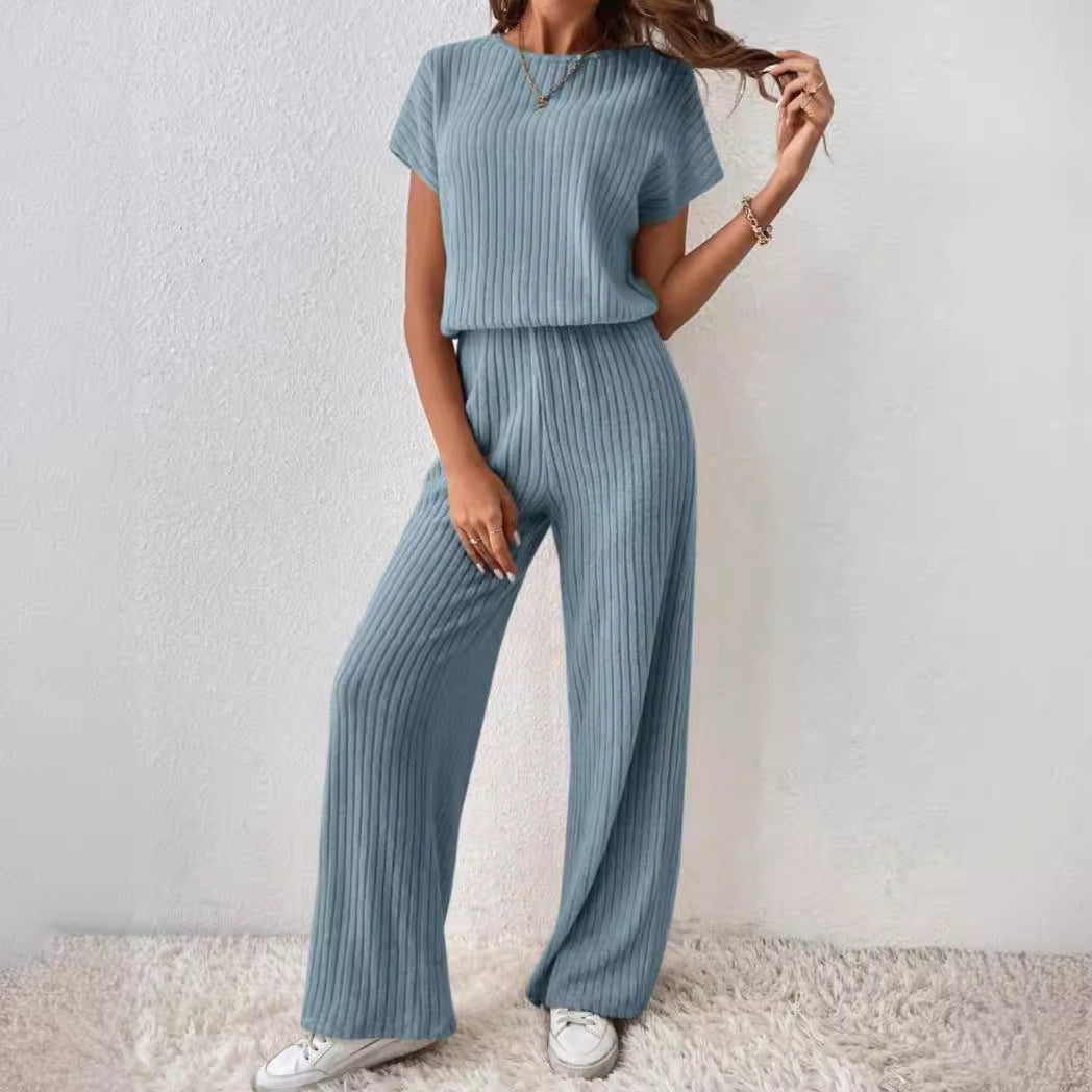 2PCS short sleeve wide leg ribbed set