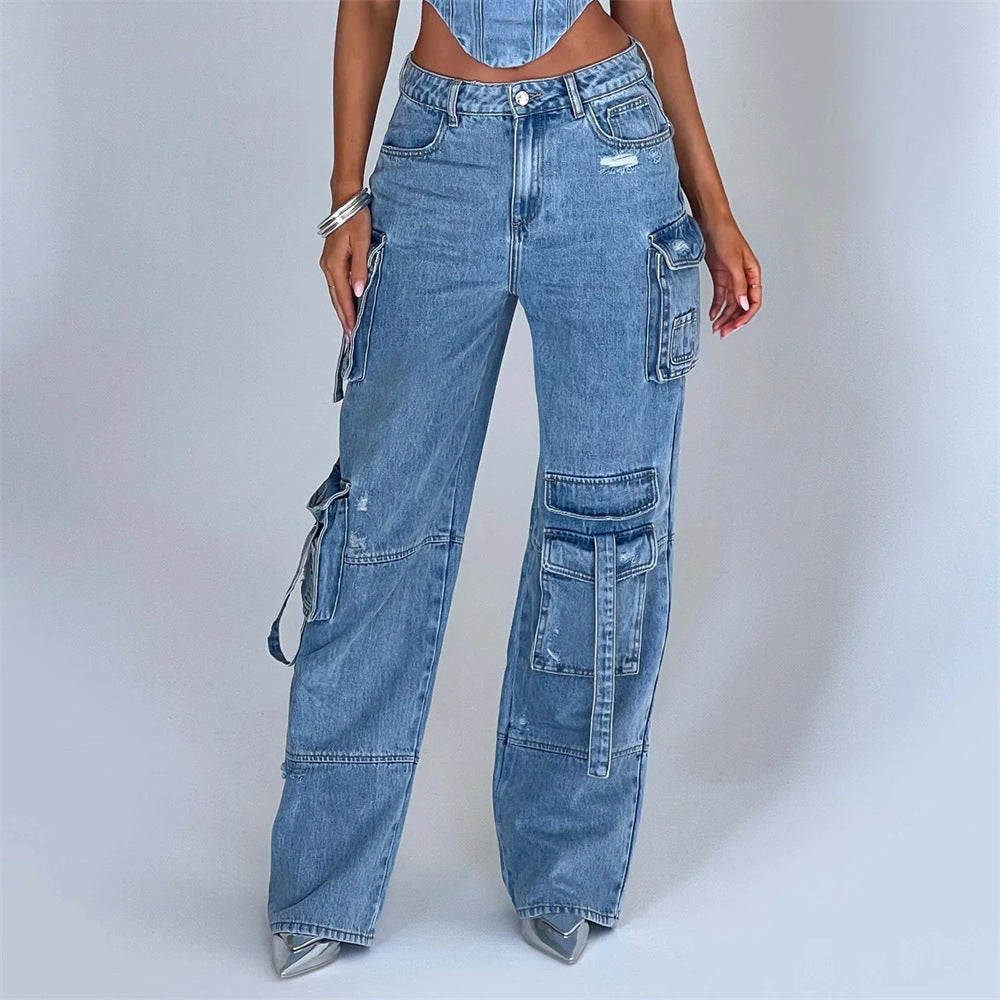 2pcs Jean Set, Strapless Top & Cargo Jean