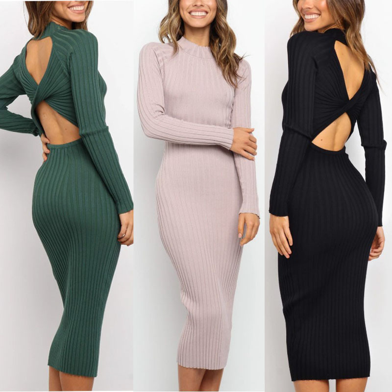 Open Back Twist Midi Bodycon Dress