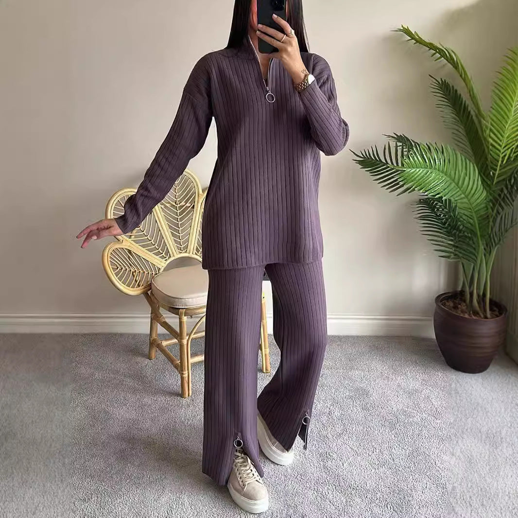 2PCS 1/4 Zip ribbed wide leg loungewear