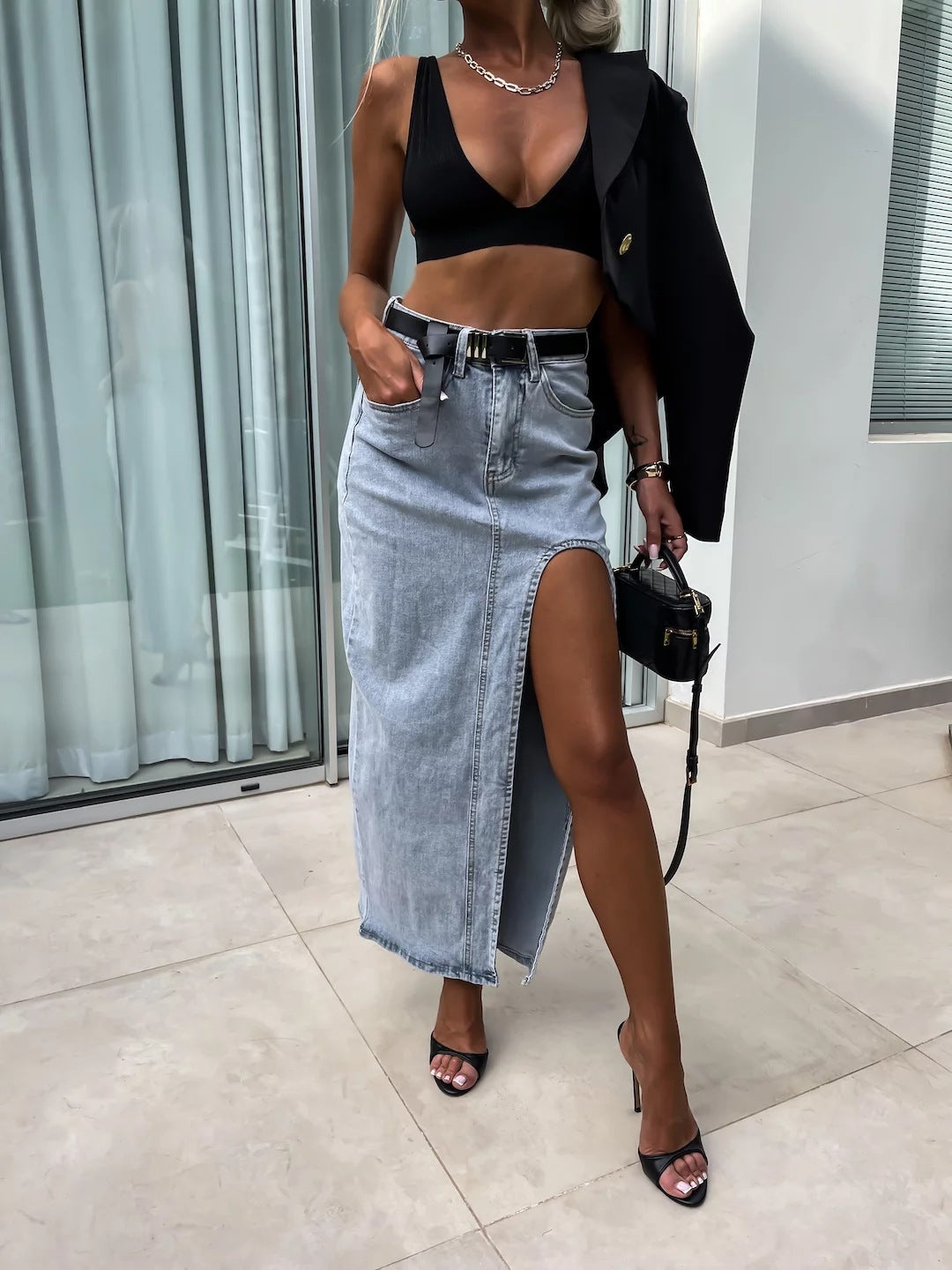 Denim Maxi Skirt Thigh Split