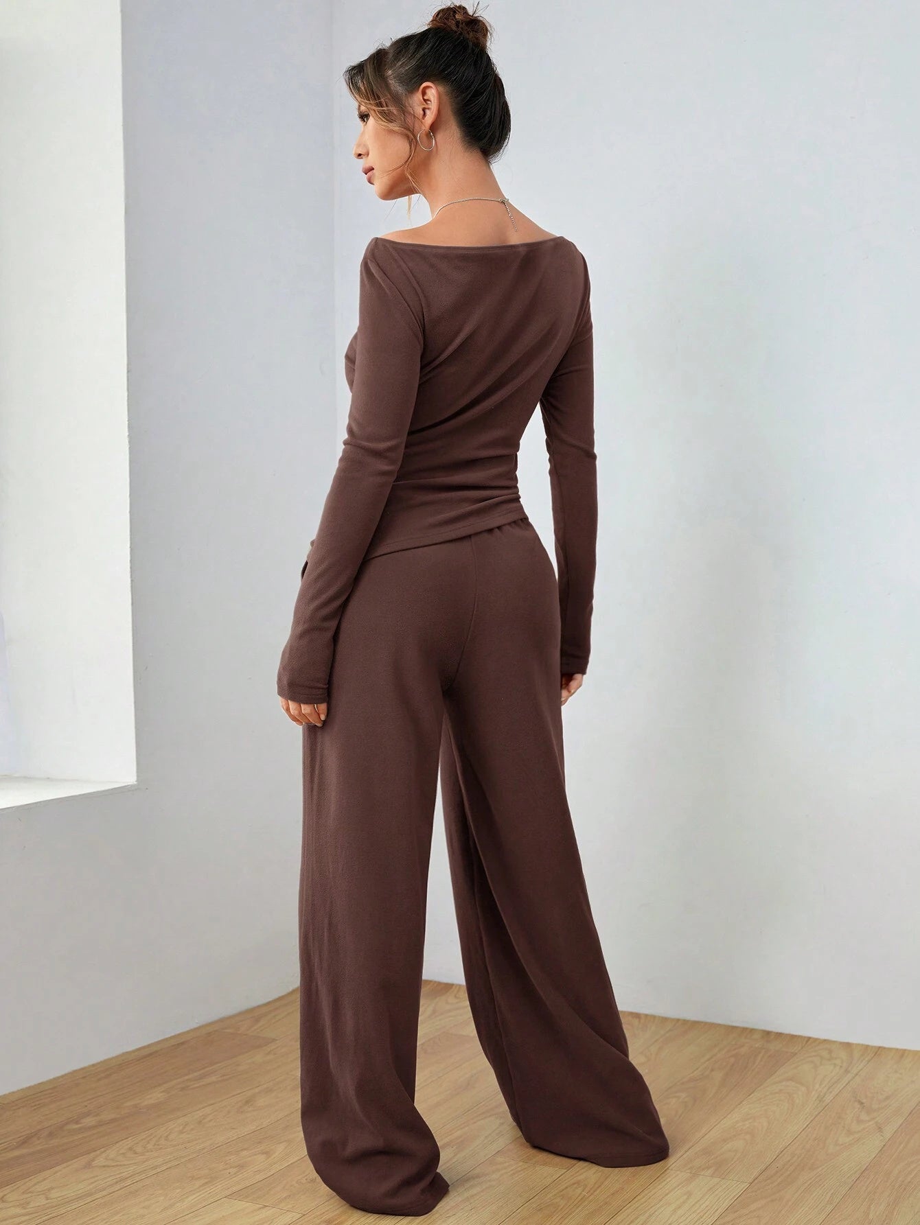 2pcs long sleeve top wide leg trouser loungewear