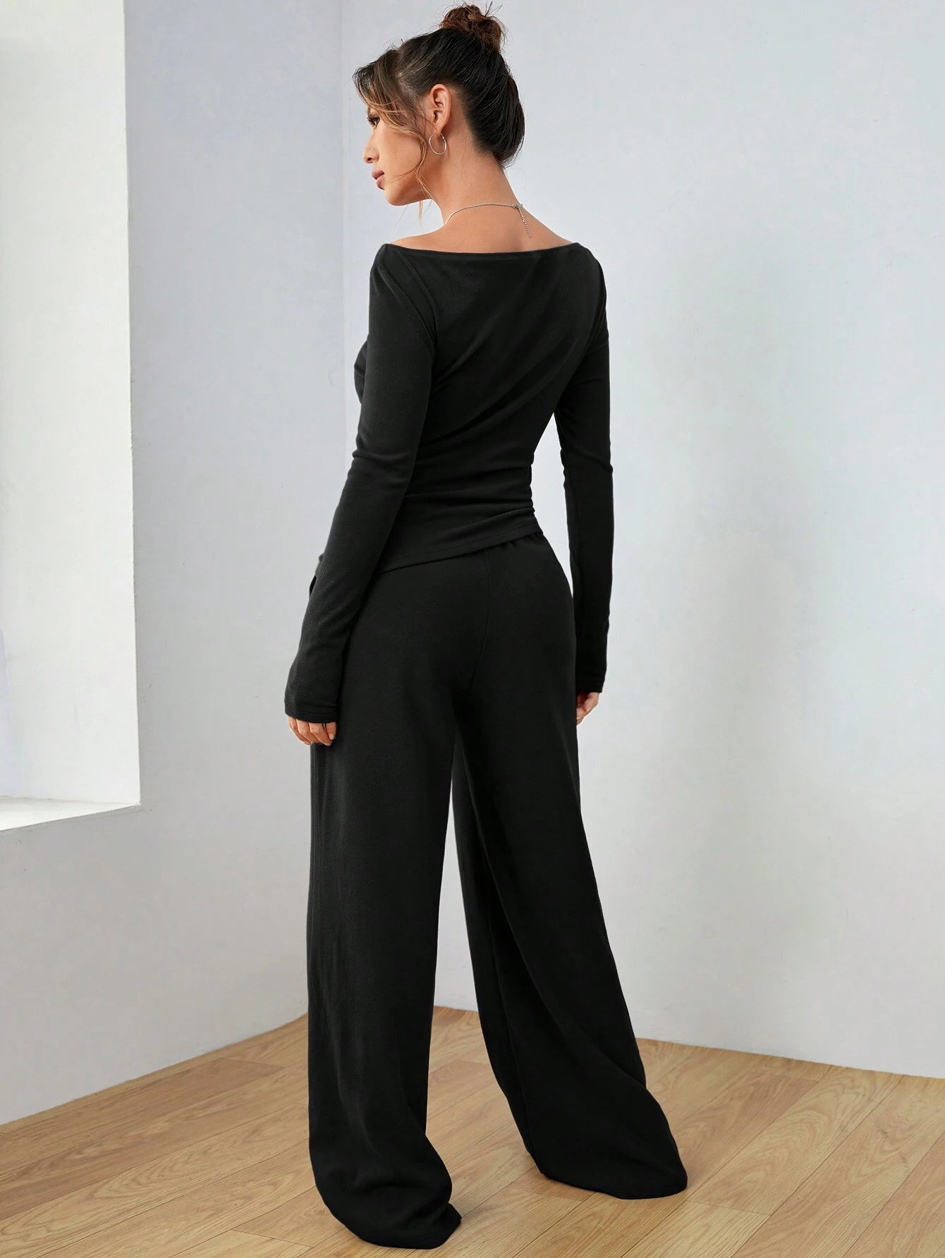 2pcs long sleeve top wide leg trouser loungewear