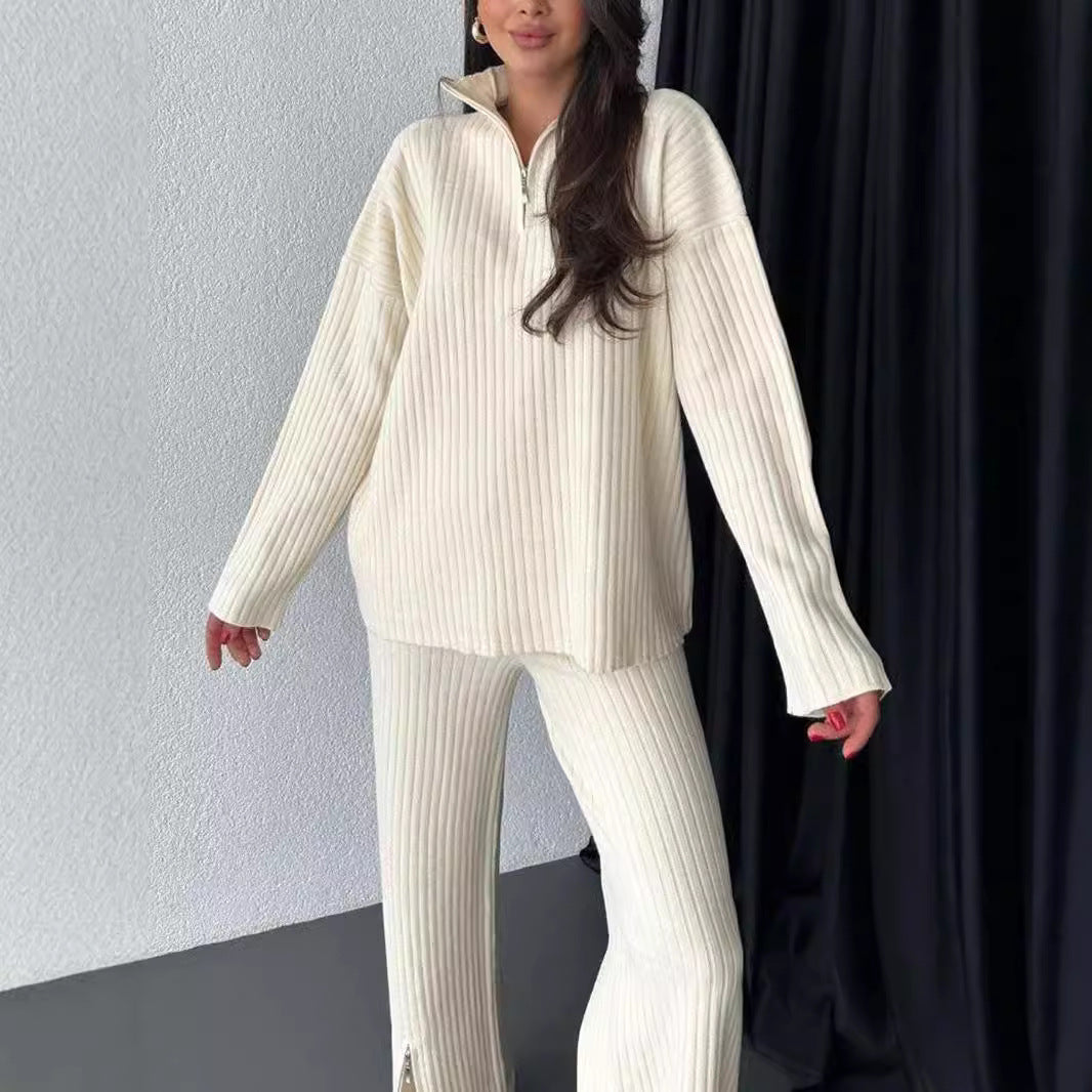 2PCS 1/4 Zip ribbed wide leg loungewear