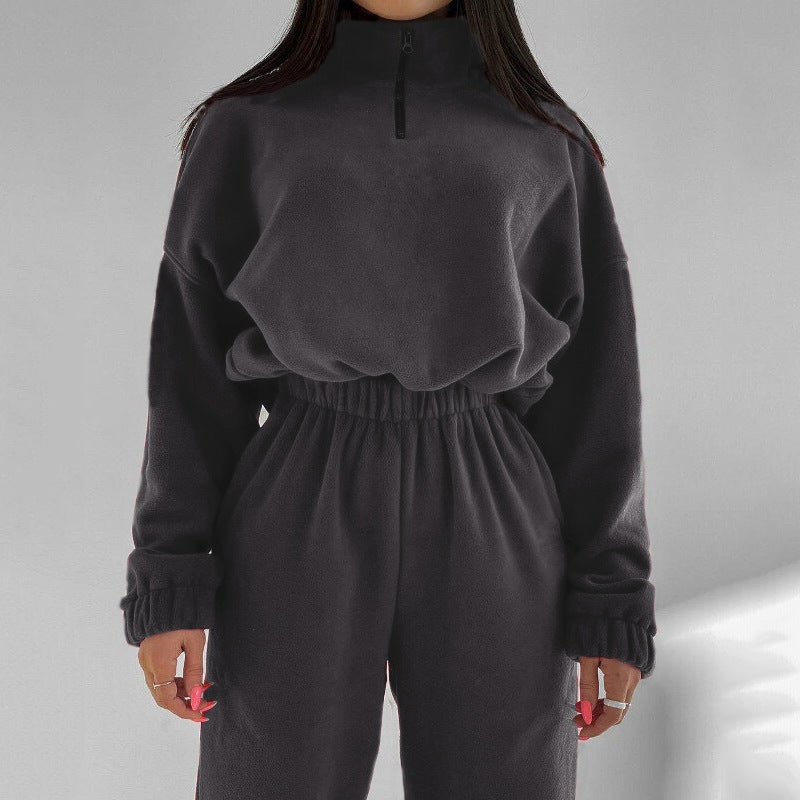 2pcs fleece fabric crop sweatshirt and cuff jogger