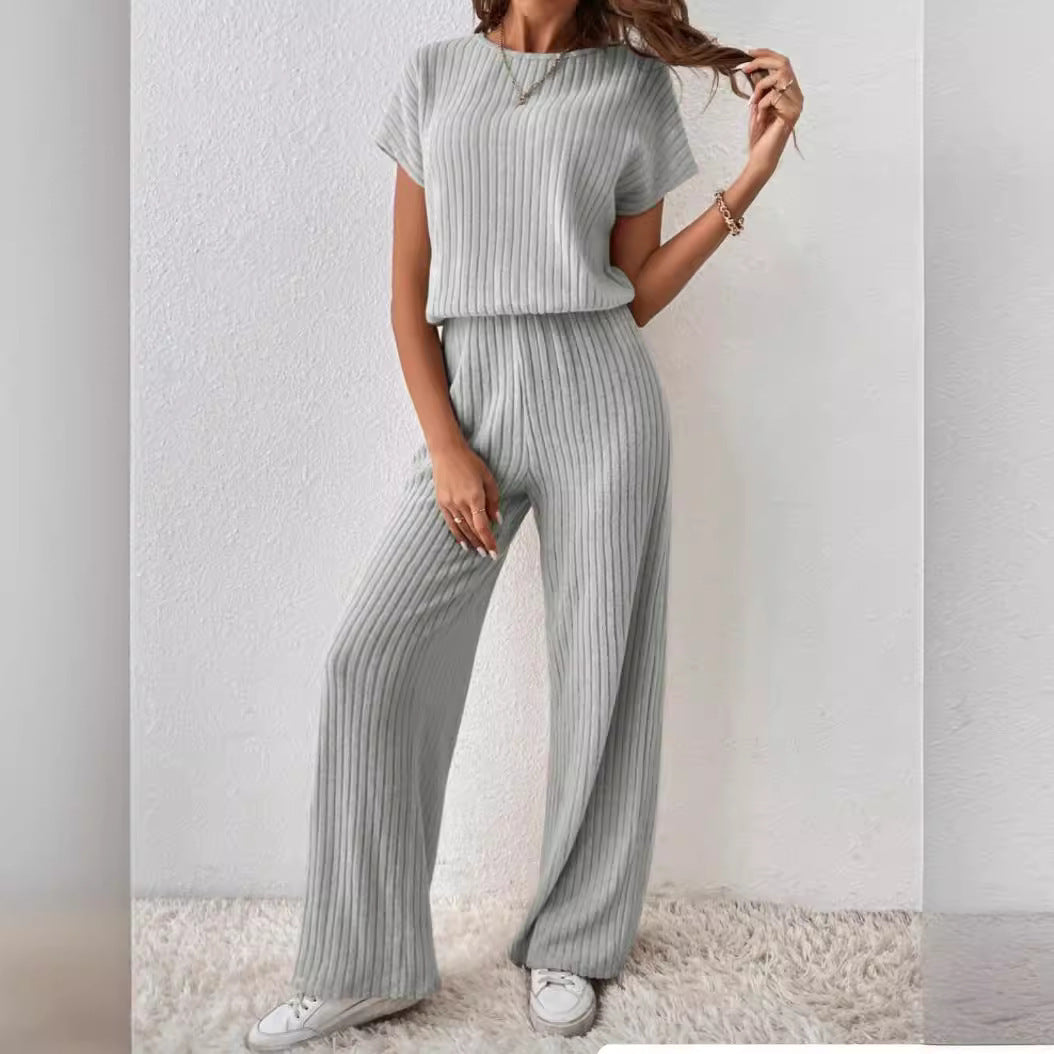 2PCS short sleeve wide leg ribbed set