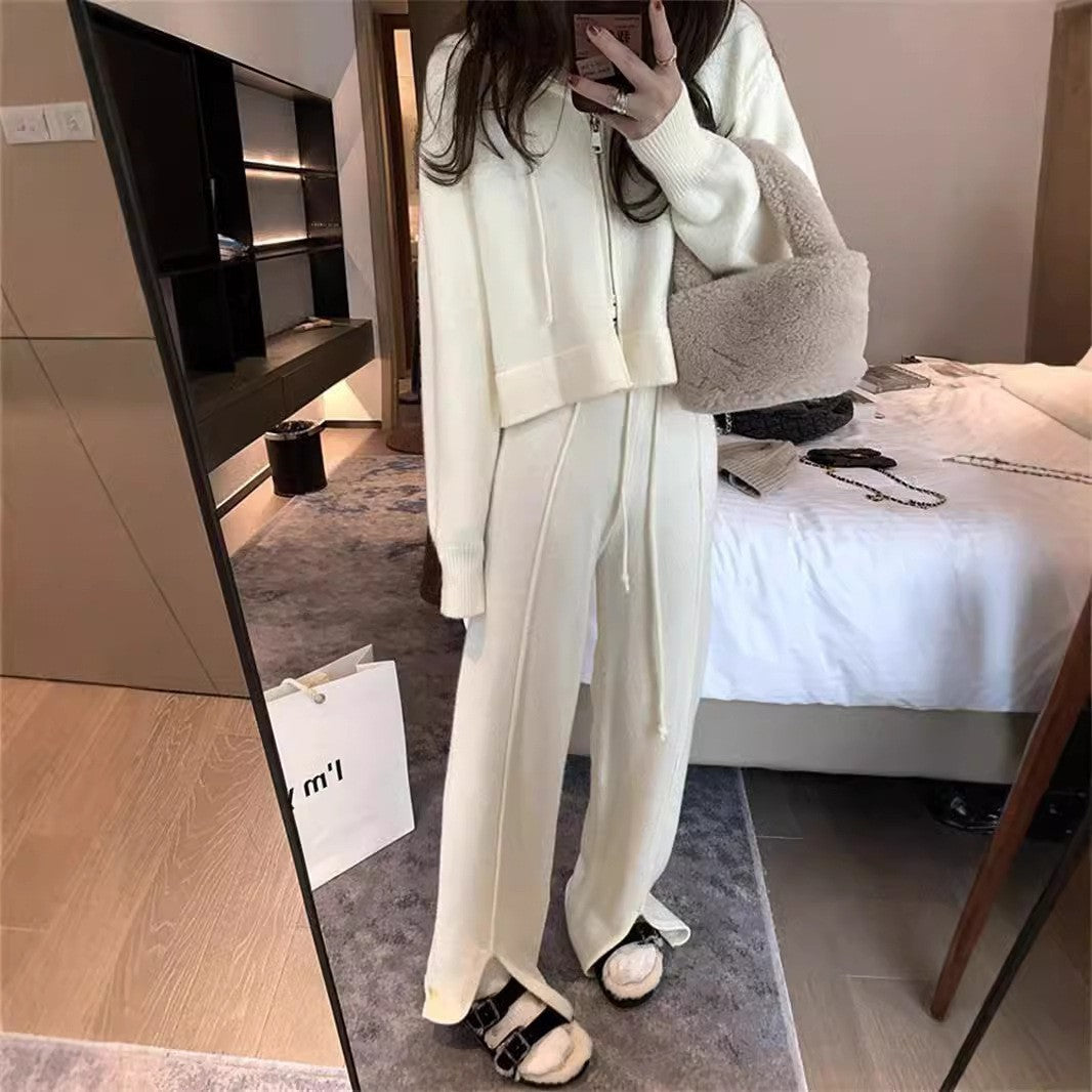 2pcs wollen zip hooded flare set