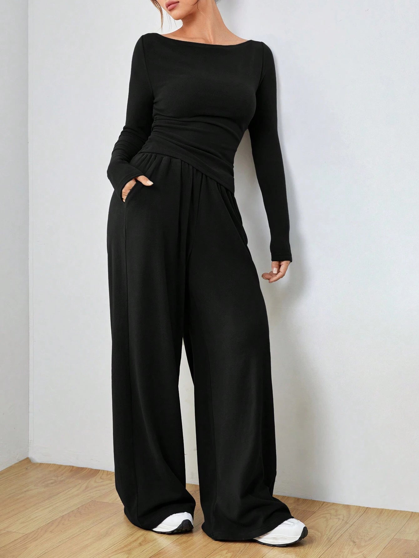 2pcs long sleeve top wide leg trouser loungewear