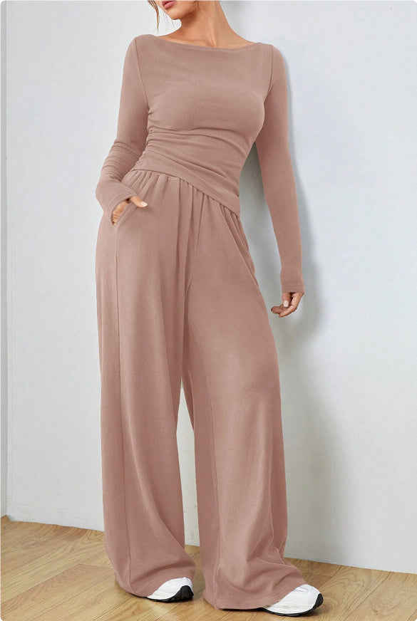 2pcs long sleeve top wide leg trouser loungewear