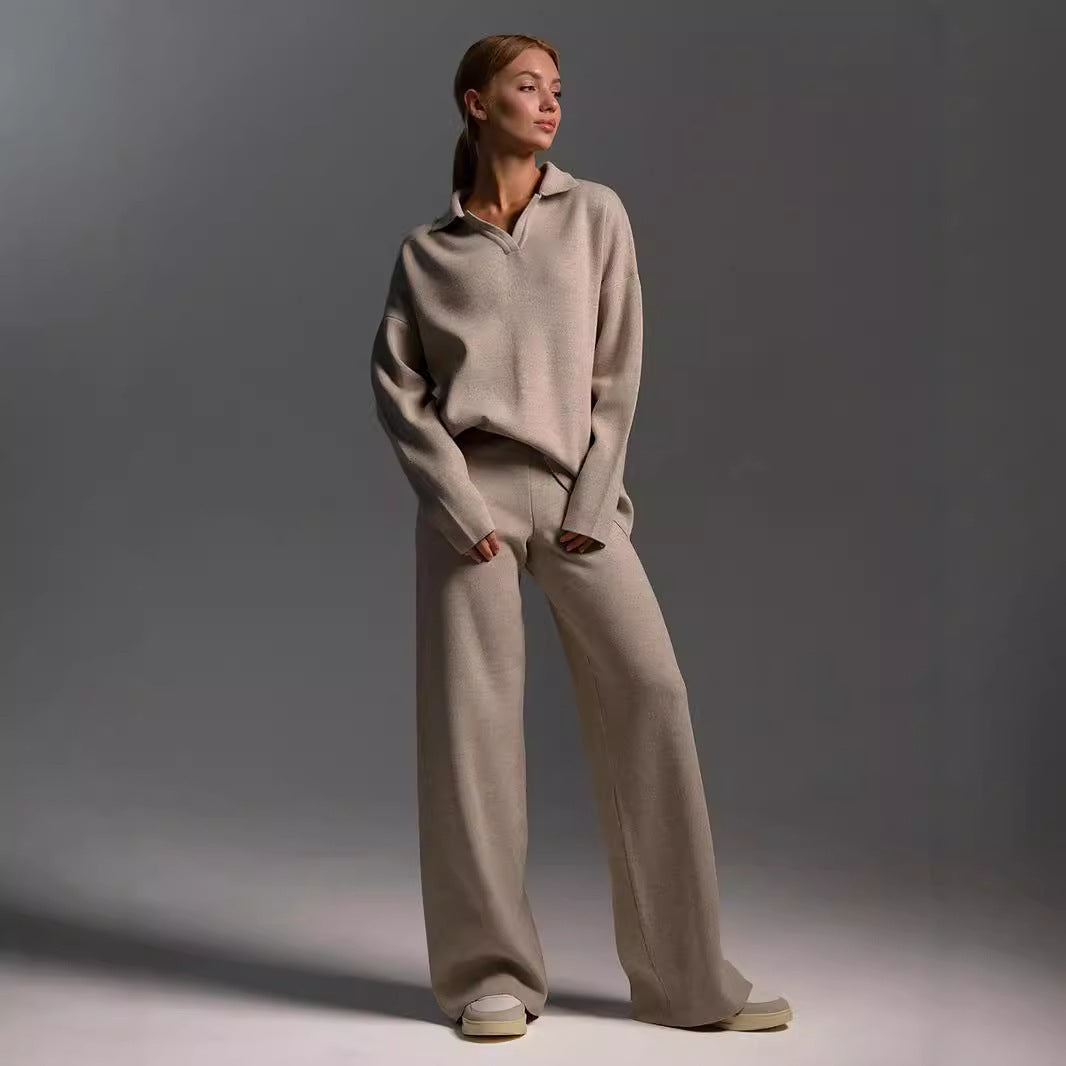 2PCS collared sweater, wide leg trouser