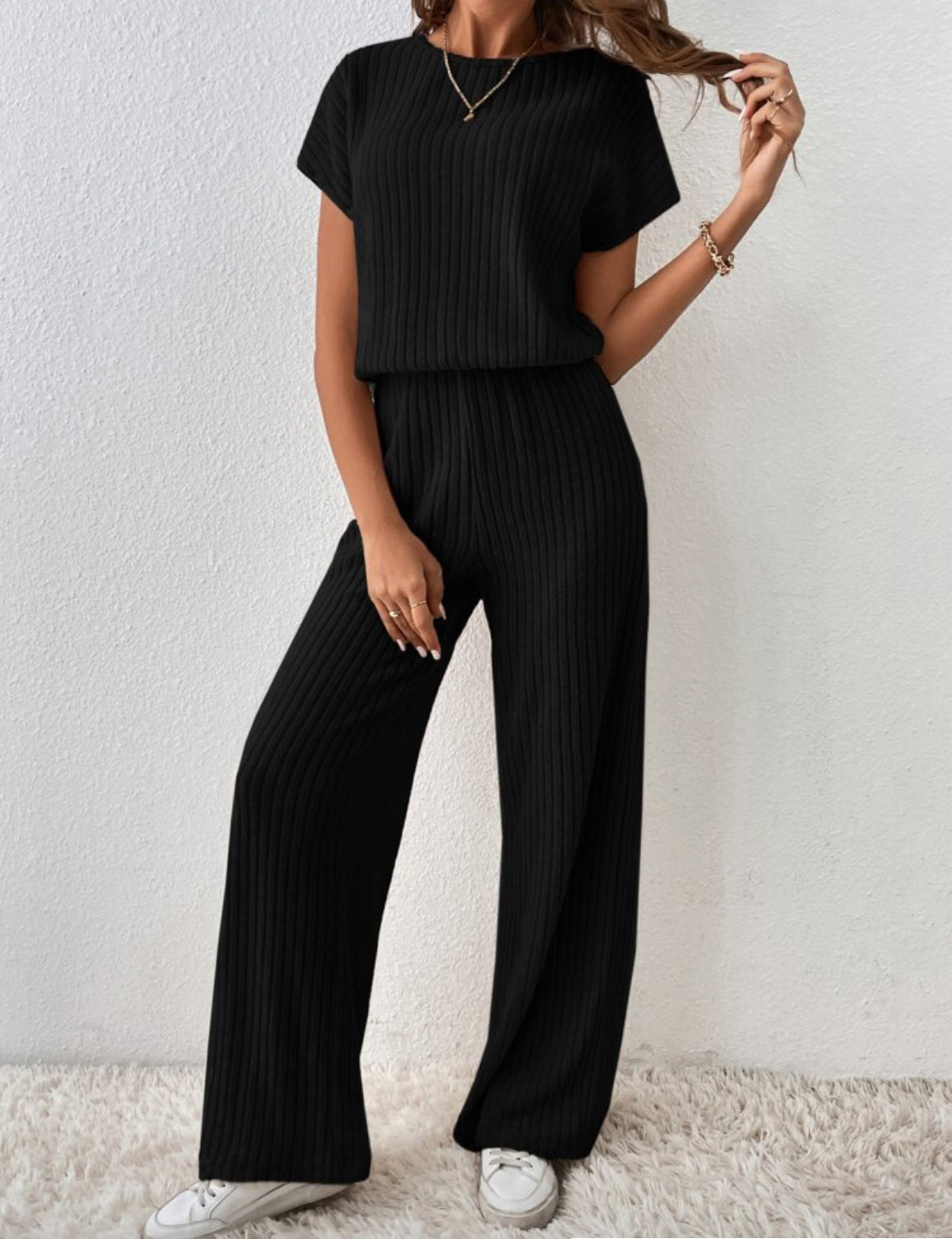 2PCS short sleeve wide leg ribbed set