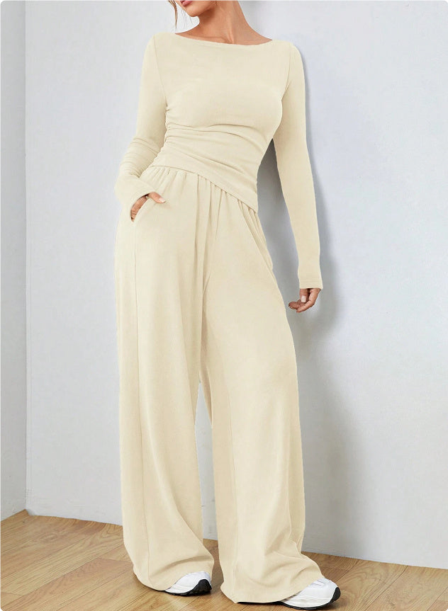 2pcs long sleeve top wide leg trouser loungewear