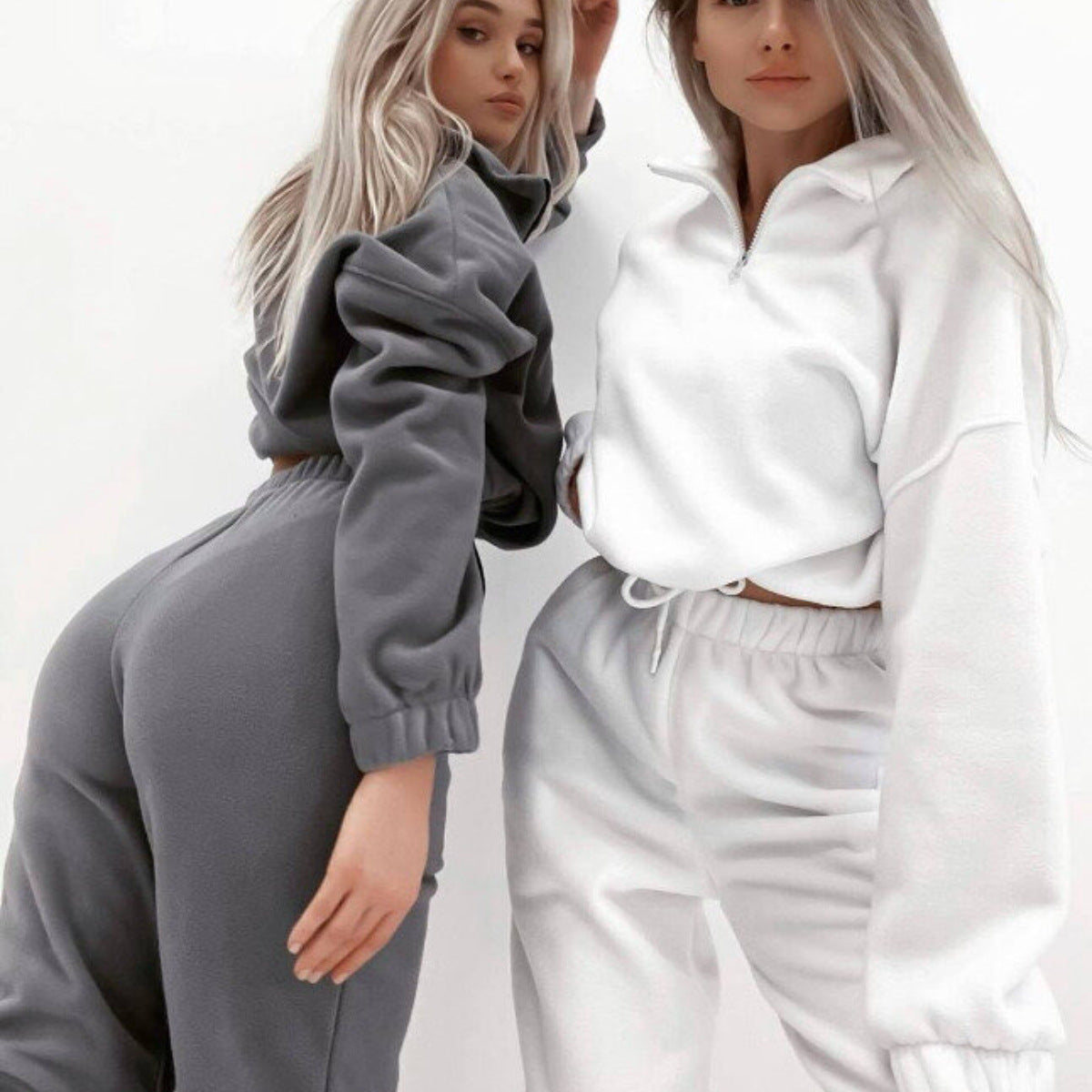 2pcs fleece fabric crop sweatshirt and cuff jogger