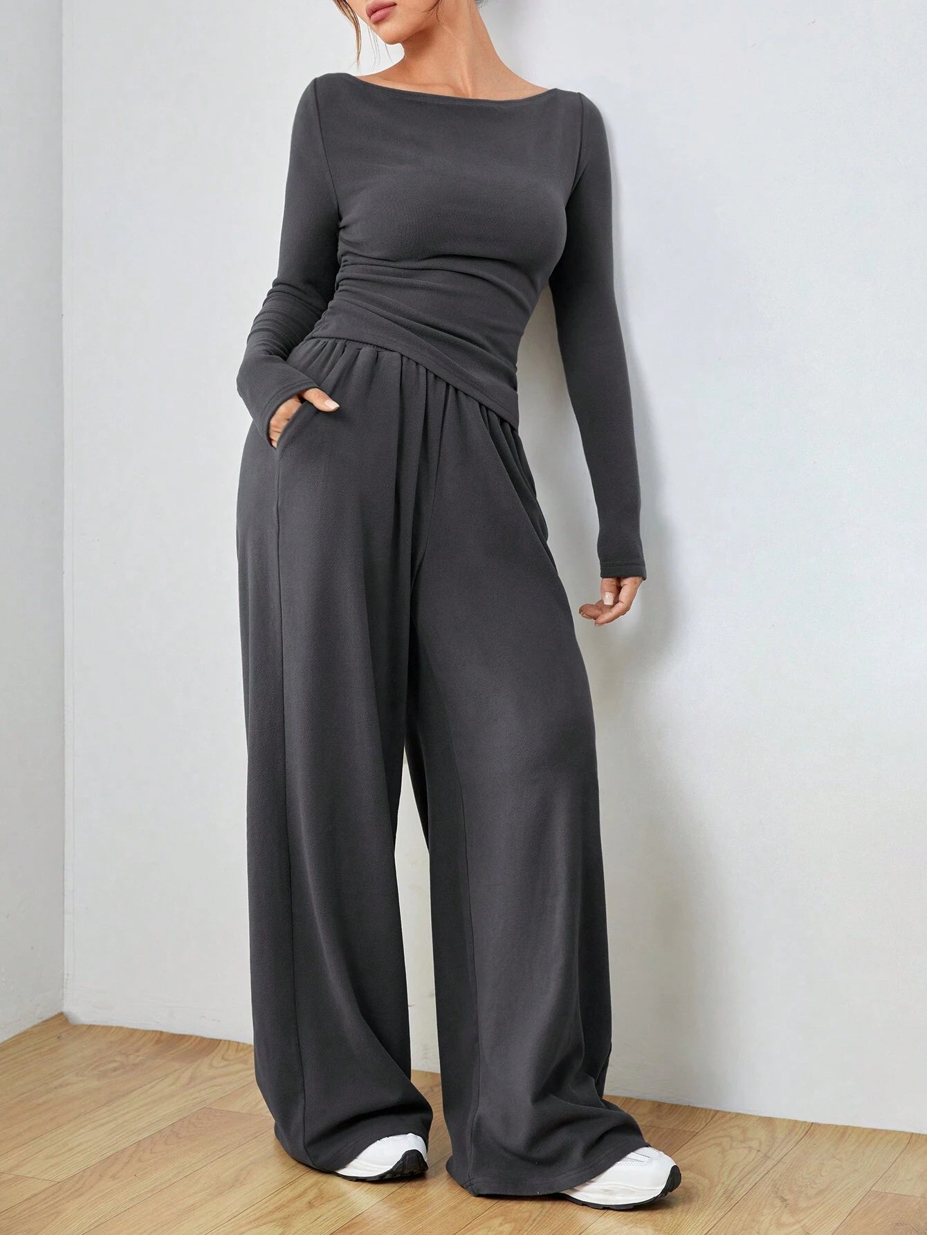 2pcs long sleeve top wide leg trouser loungewear