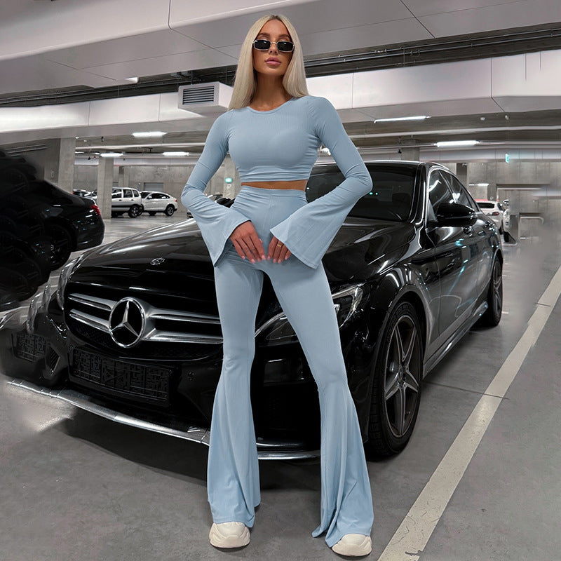 2PCS flare leggings and long sleeve crop top