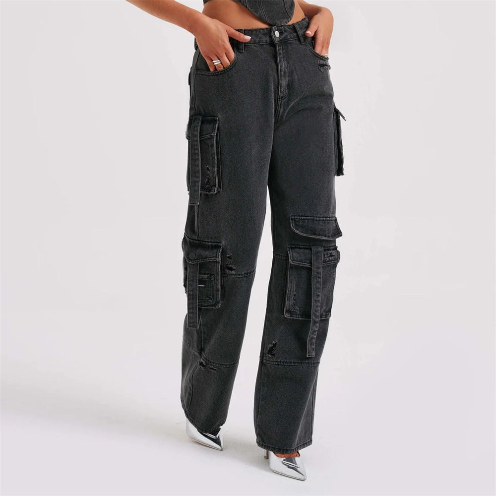2pcs Jean Set, Strapless Top & Cargo Jean