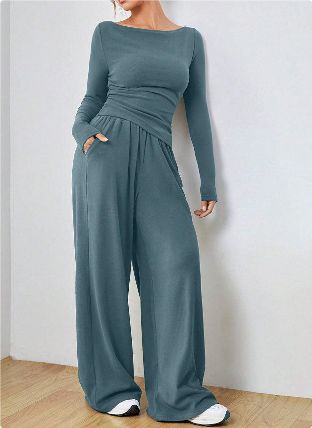 2pcs long sleeve top wide leg trouser loungewear