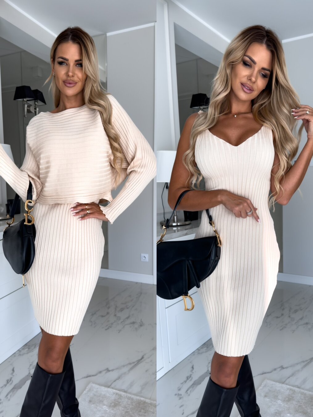 2pcs Co-ord Ribbed Top and Fitted Dress