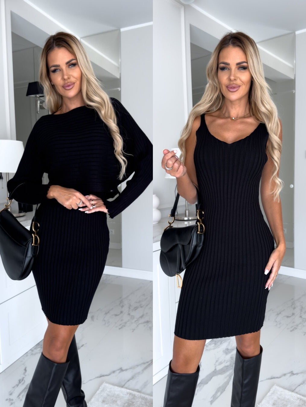 2pcs Co-ord Ribbed Top and Fitted Dress
