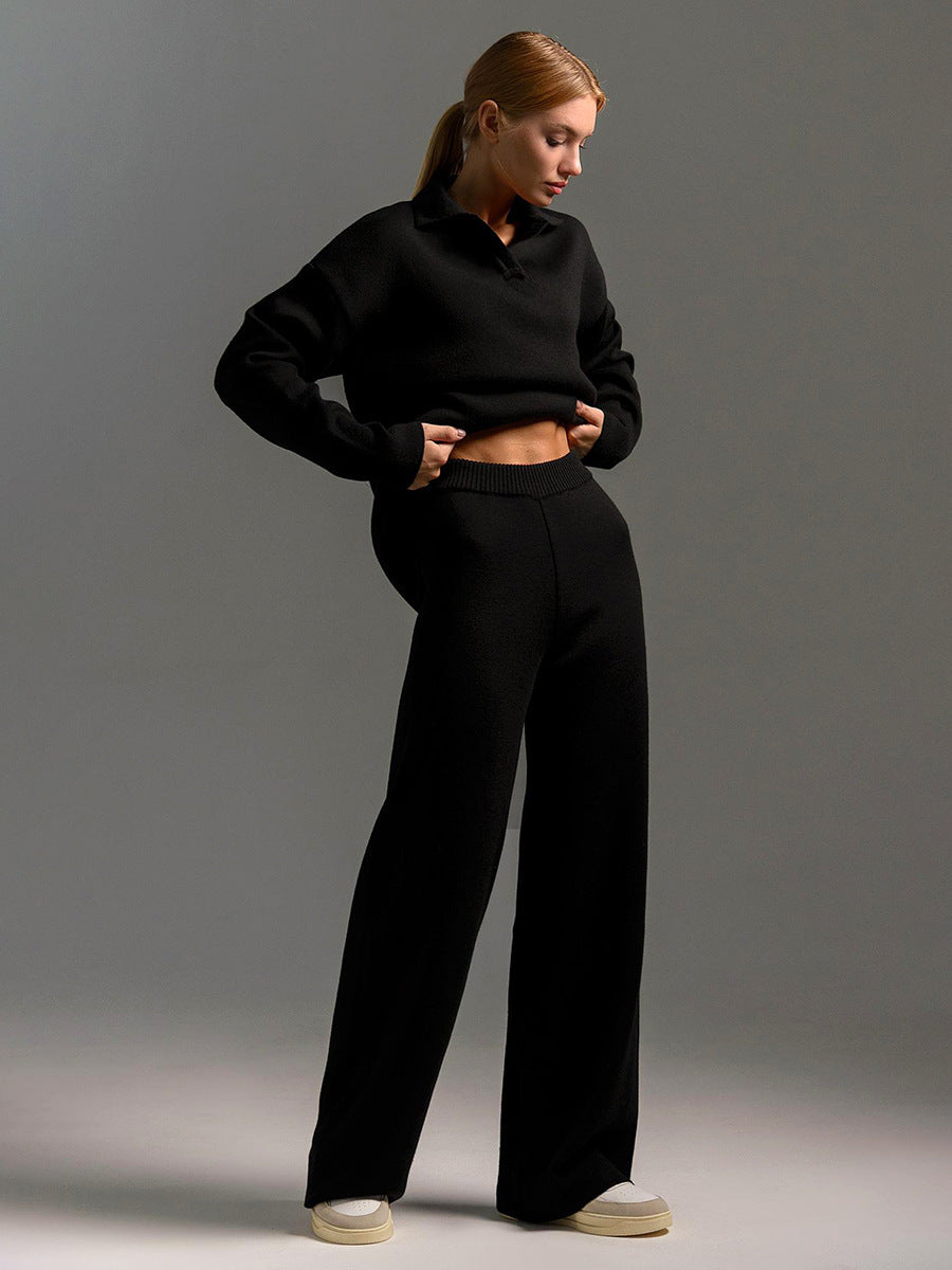 2PCS collared sweater, wide leg trouser