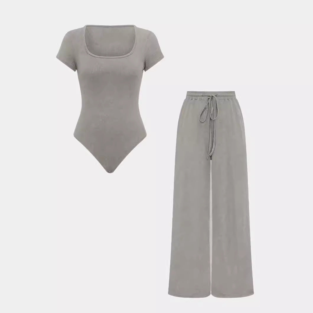 2PCS Ribbed bodysuit and wide leg trouser