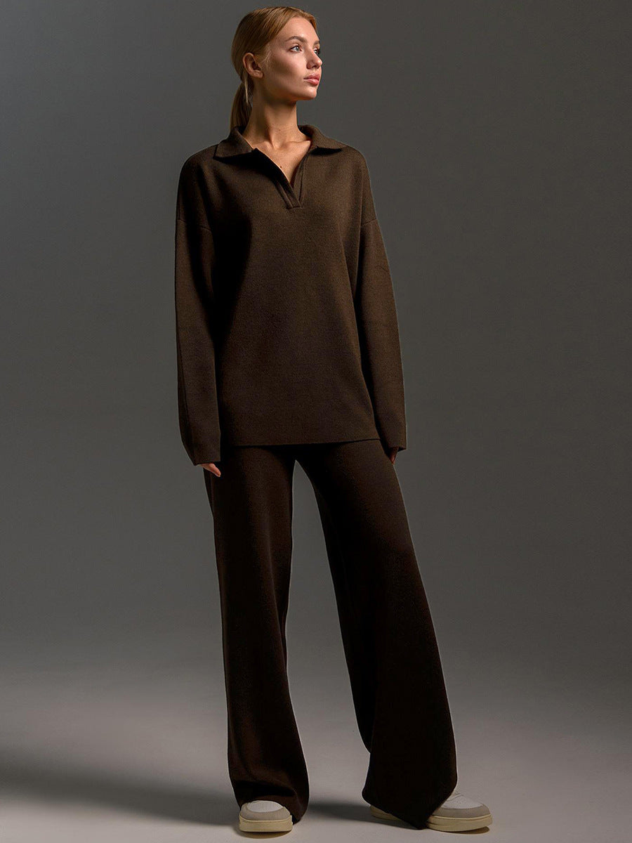 2PCS collared sweater, wide leg trouser