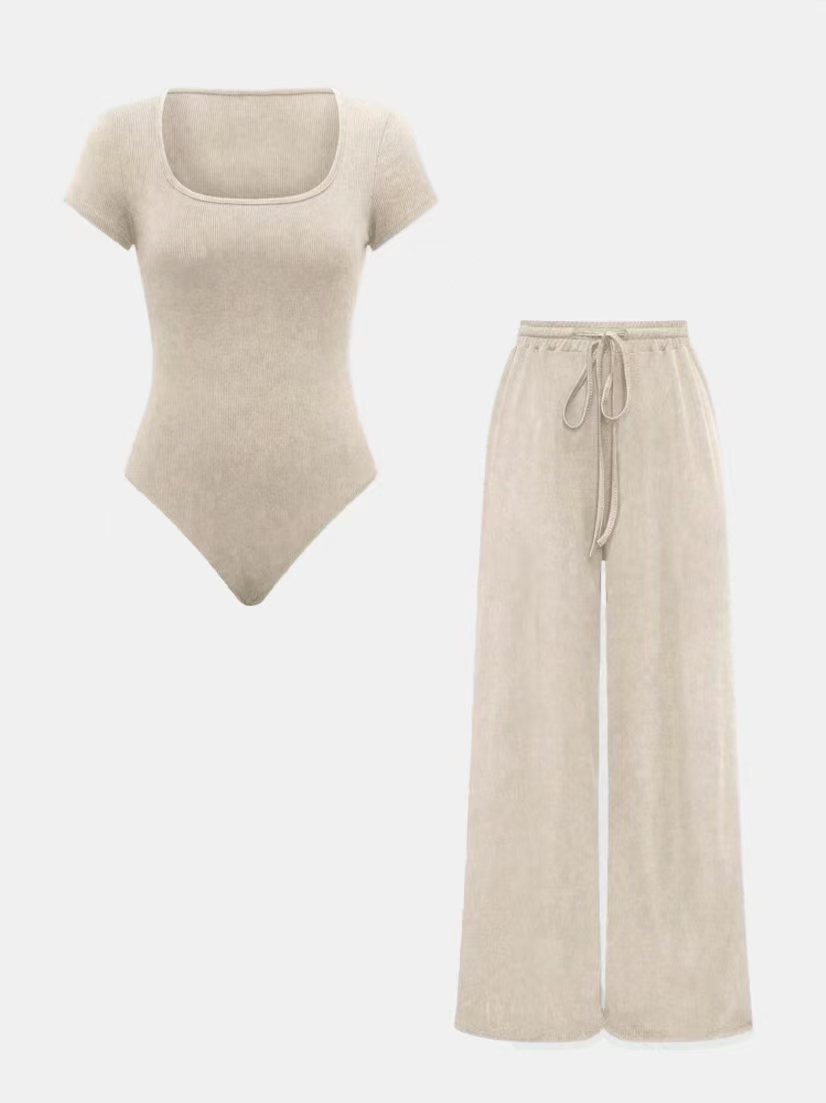 2PCS Ribbed bodysuit and wide leg trouser