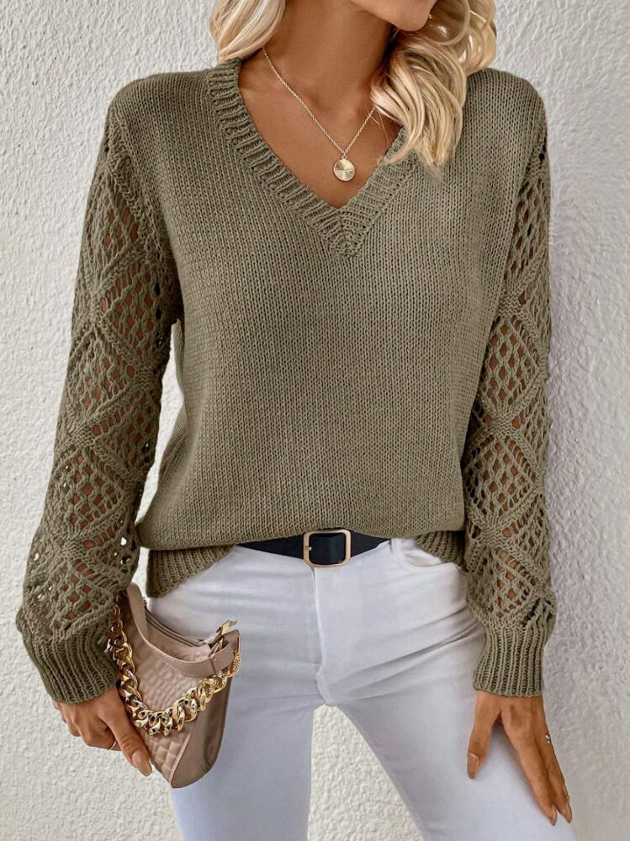 V-neck Open Knit Jumper