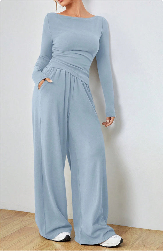 2pcs long sleeve top wide leg trouser loungewear