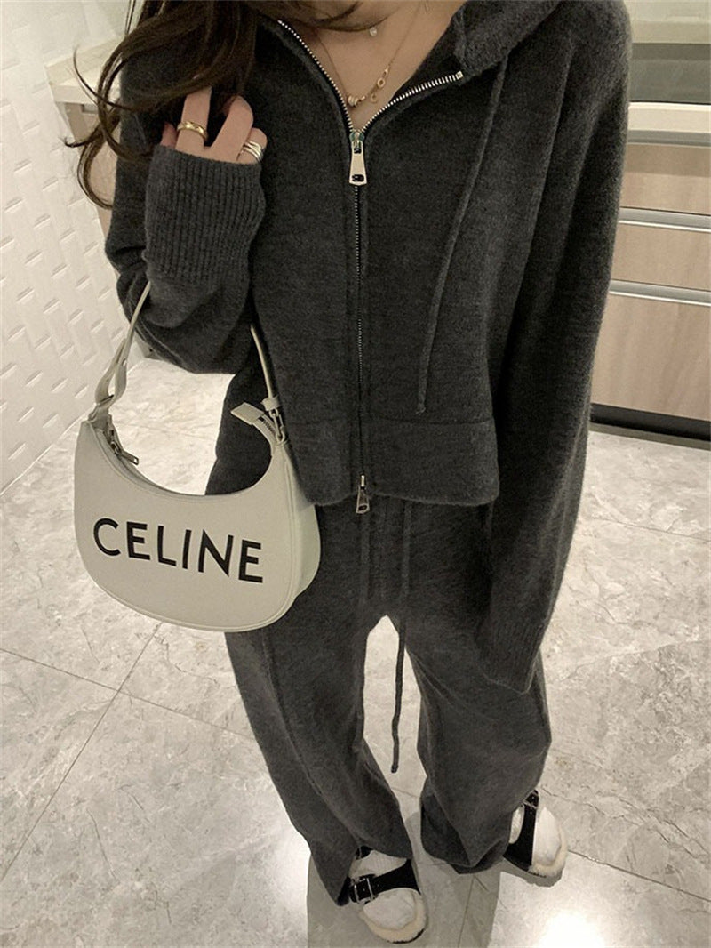 2pcs wollen zip hooded flare set
