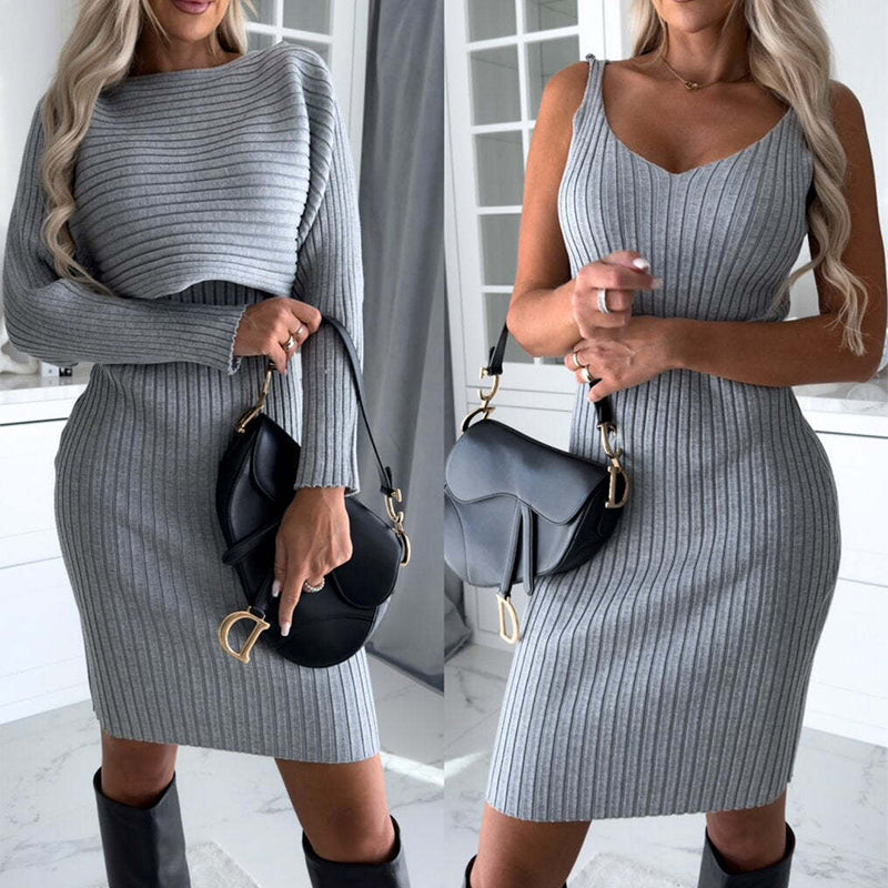 2pcs Co-ord Ribbed Top and Fitted Dress