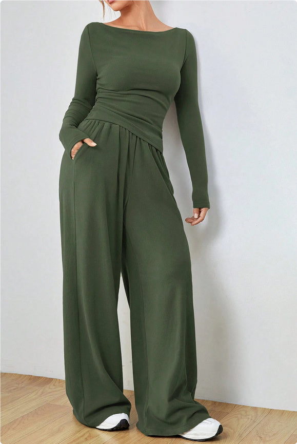 2pcs long sleeve top wide leg trouser loungewear