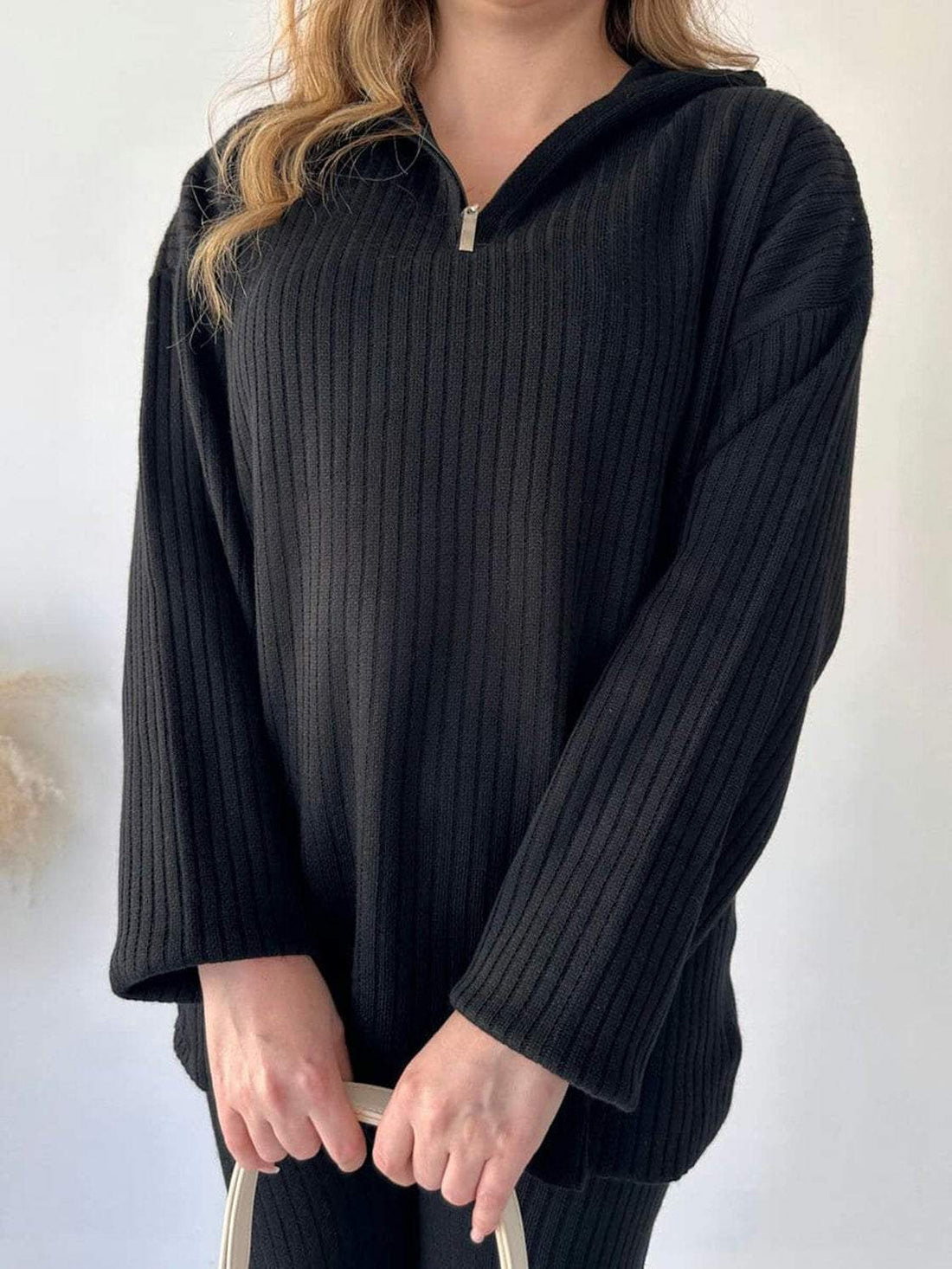 2PCS 1/4 Zip ribbed wide leg loungewear