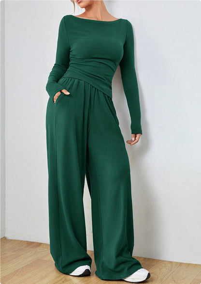 2pcs long sleeve top wide leg trouser loungewear
