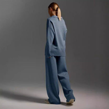 2PCS collared sweater, wide leg trouser