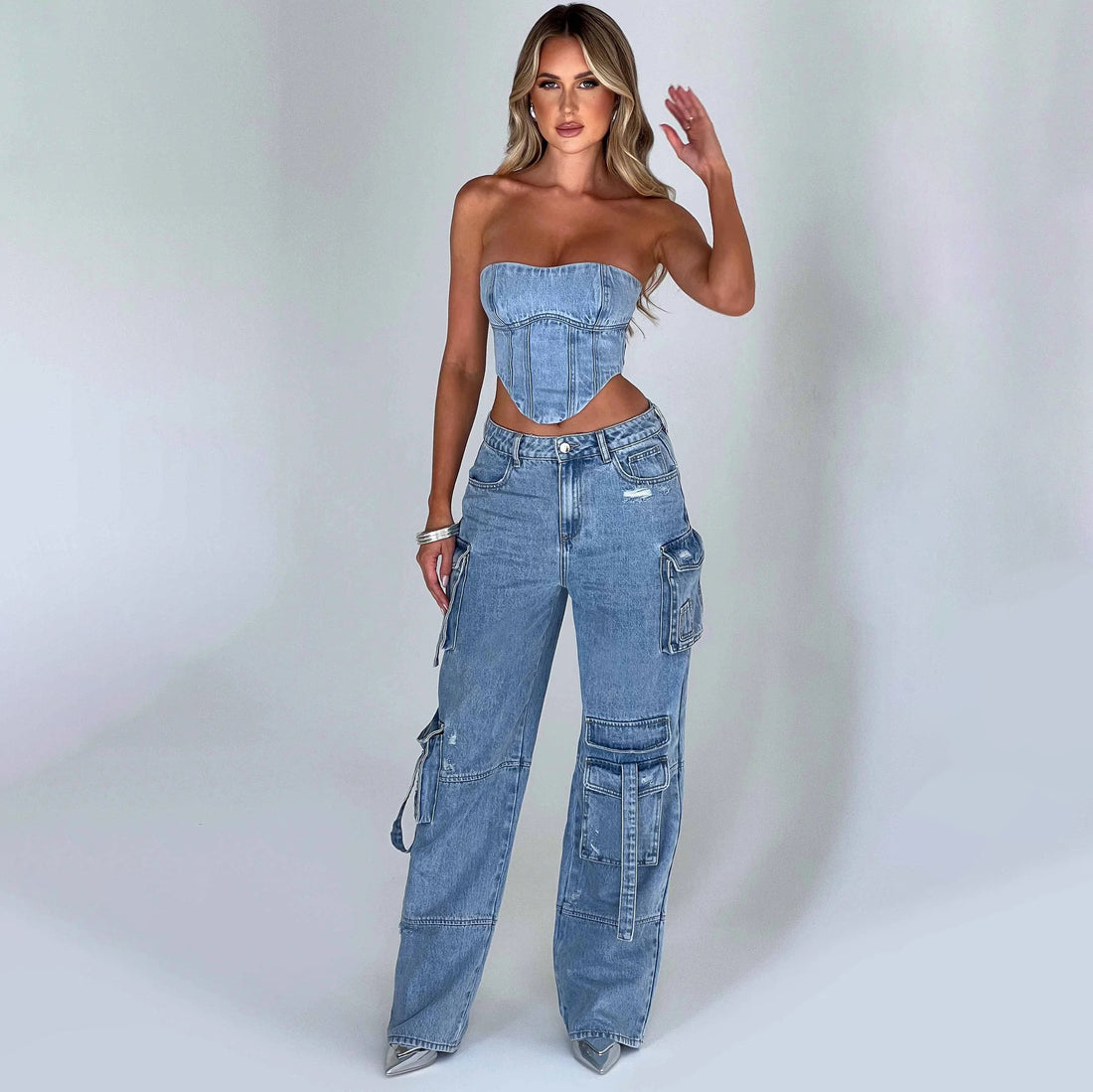 2pcs Jean Set, Strapless Top &amp; Cargo Jean