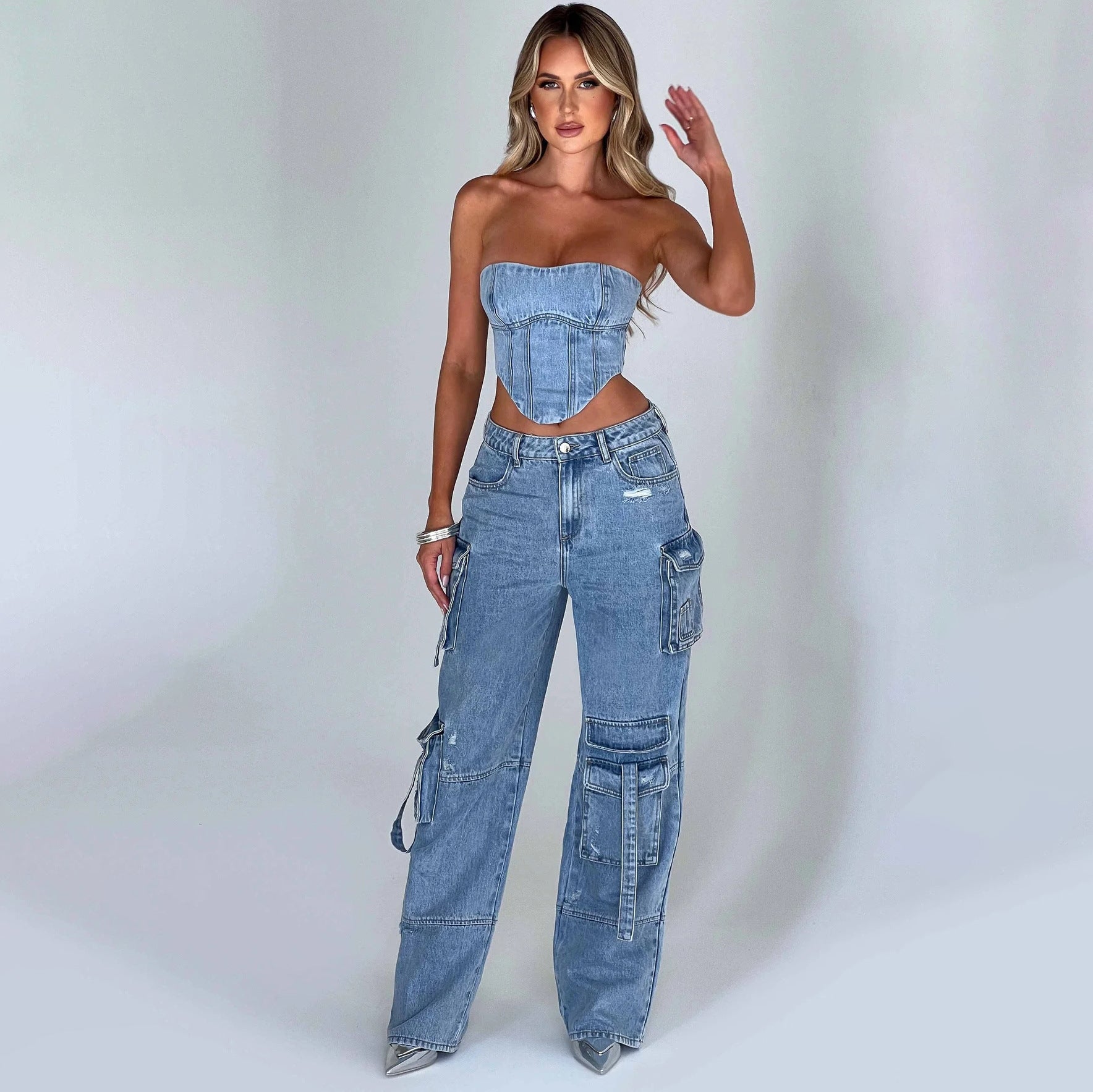 2pcs Jean Set, Strapless Top &amp; Cargo Jean