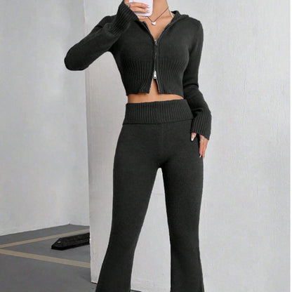 2PCS knitted hooded zip top and flare leg loungewear