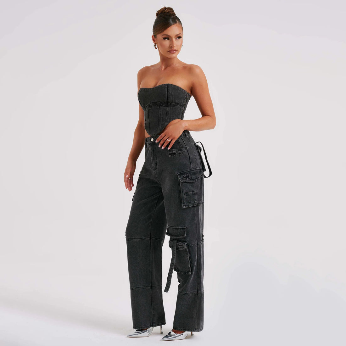 2pcs Jean Set, Strapless Top &amp; Cargo Jean