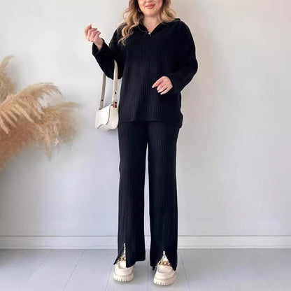 2PCS 1/4 Zip ribbed wide leg loungewear