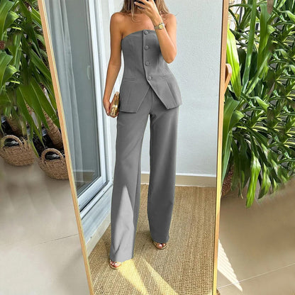 2PCS Strapless Button Up Top and Tailored Trousers