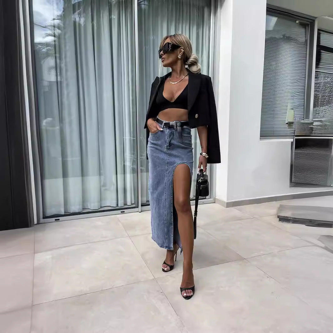 Denim Maxi Skirt Thigh Split