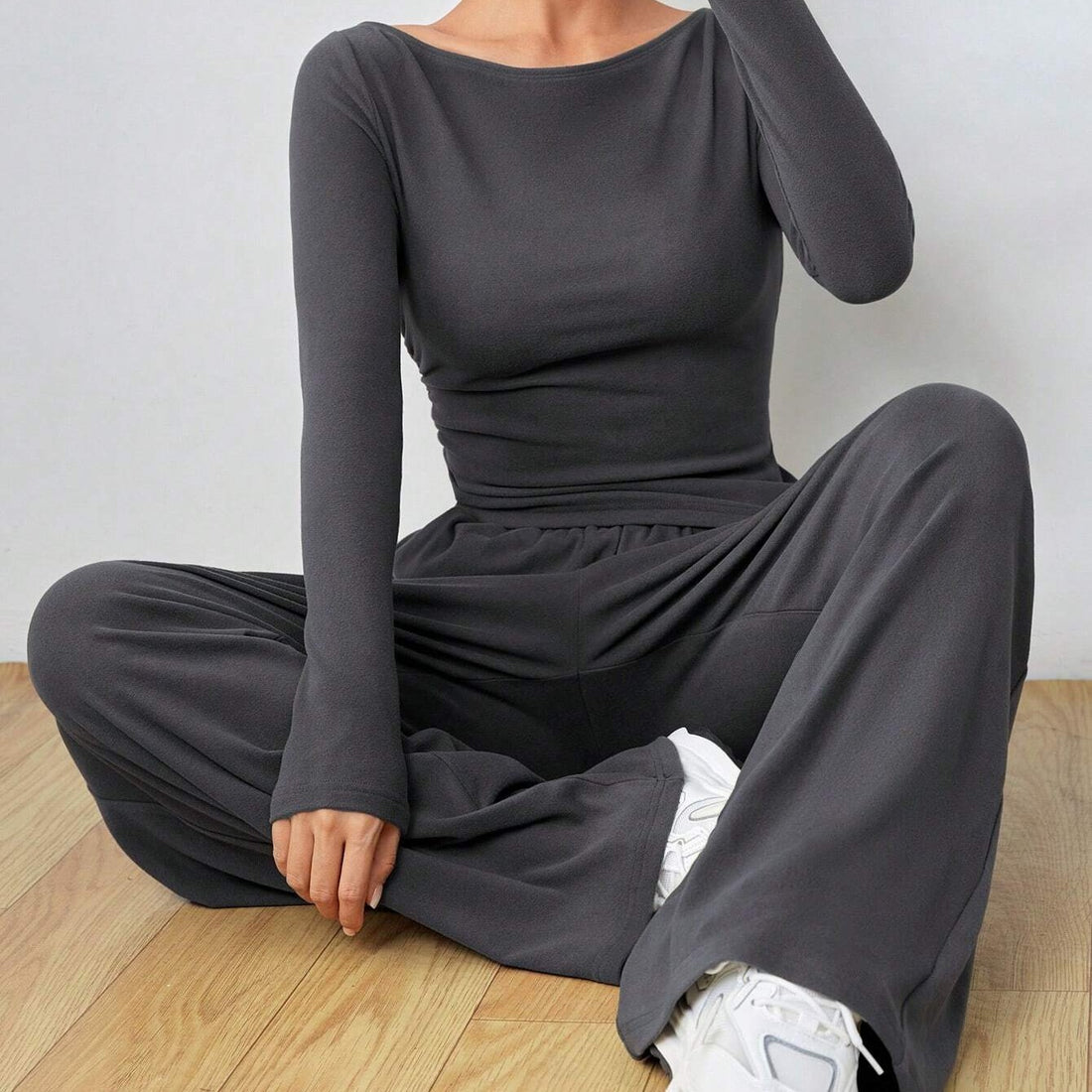 2pcs long sleeve top wide leg trouser loungewear